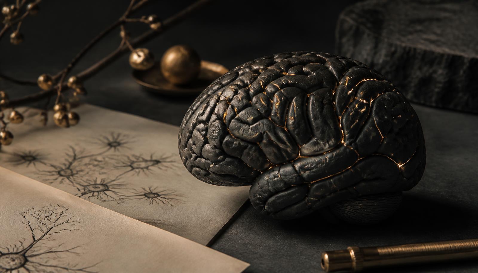 Composição editorial em tons grafite, bege e dourado com escultura de cérebro e traços de luz representando circuitos neurais