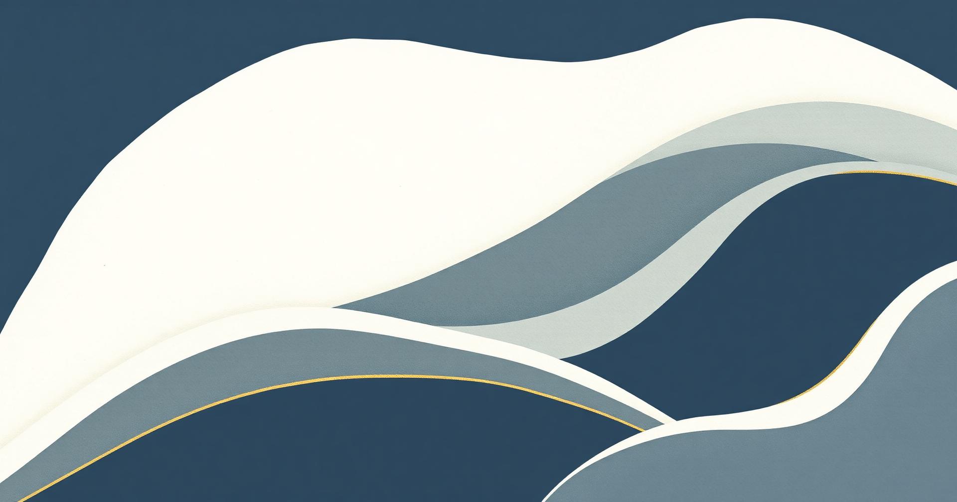 Ilustração editorial abstrata em azul-ardósia e creme com onda suave em ascensão e luz dourada discreta, representando a hipomania que passa despercebida no Transtorno Bipolar Tipo II