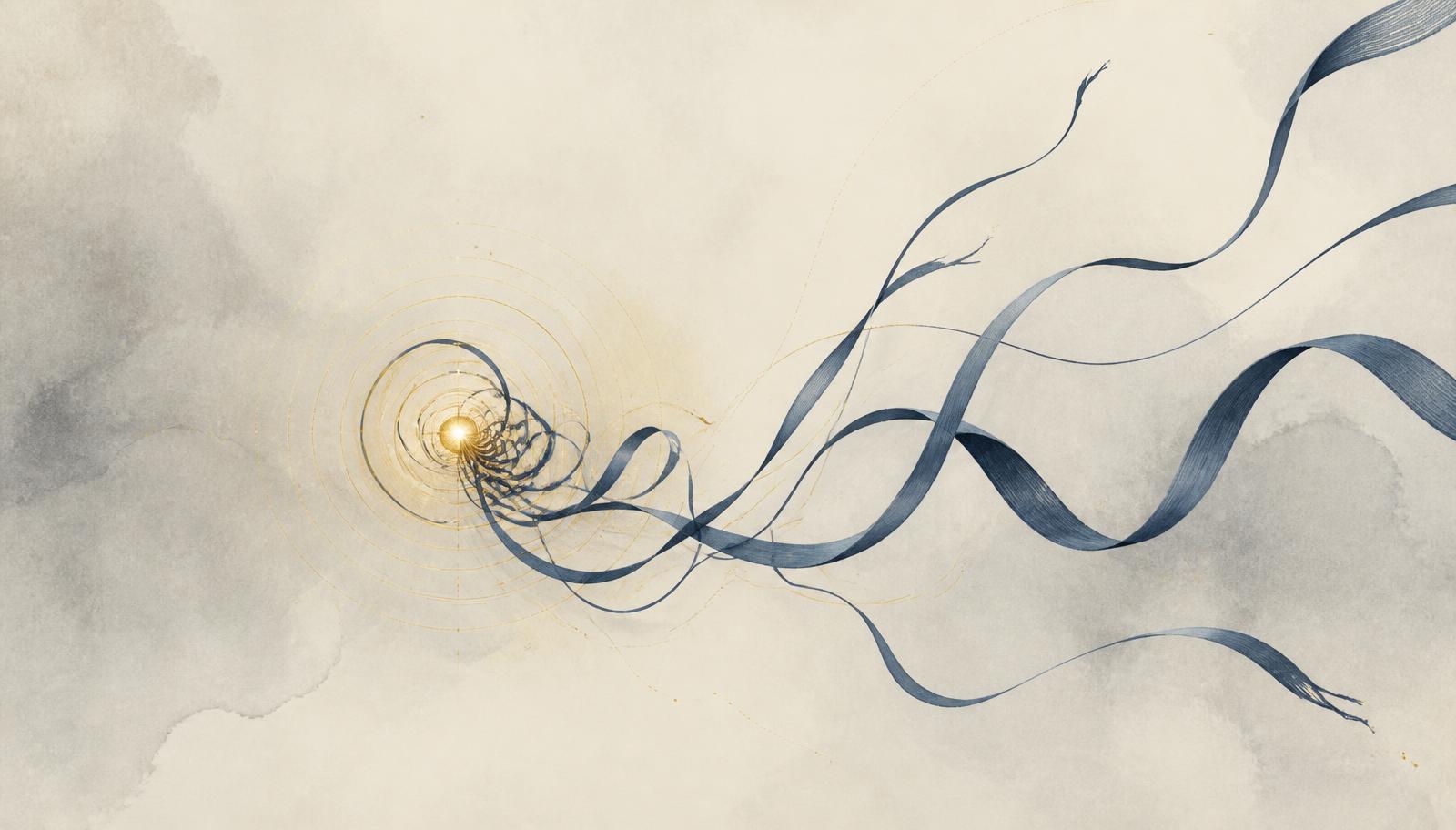 Ilustração editorial abstrata em azul-ardósia, cinza e creme com formas dinâmicas e brilho dourado, representando impulsividade e controle no transtorno bipolar.