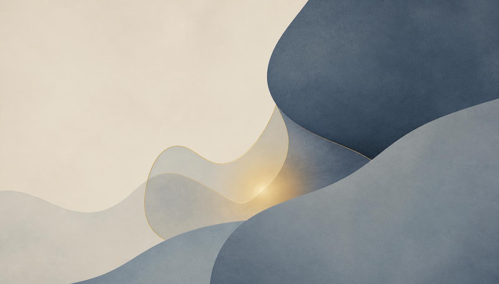 Ilustração editorial abstrata em tons de azul-ardósia, cinza e creme, com uma forma suave parcialmente encoberta por camadas maiores e contornada por um fio dourado iluminado ao centro, representando uma experiência emocional que não está sendo reconhecida