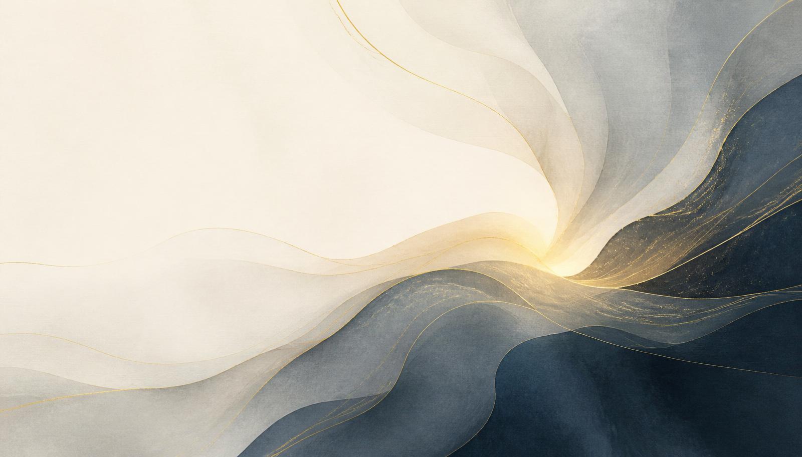 Ilustração editorial abstrata em tons de azul-ardósia, cinza e creme com brilho dourado central, representando emoções intensas encontrando equilíbrio