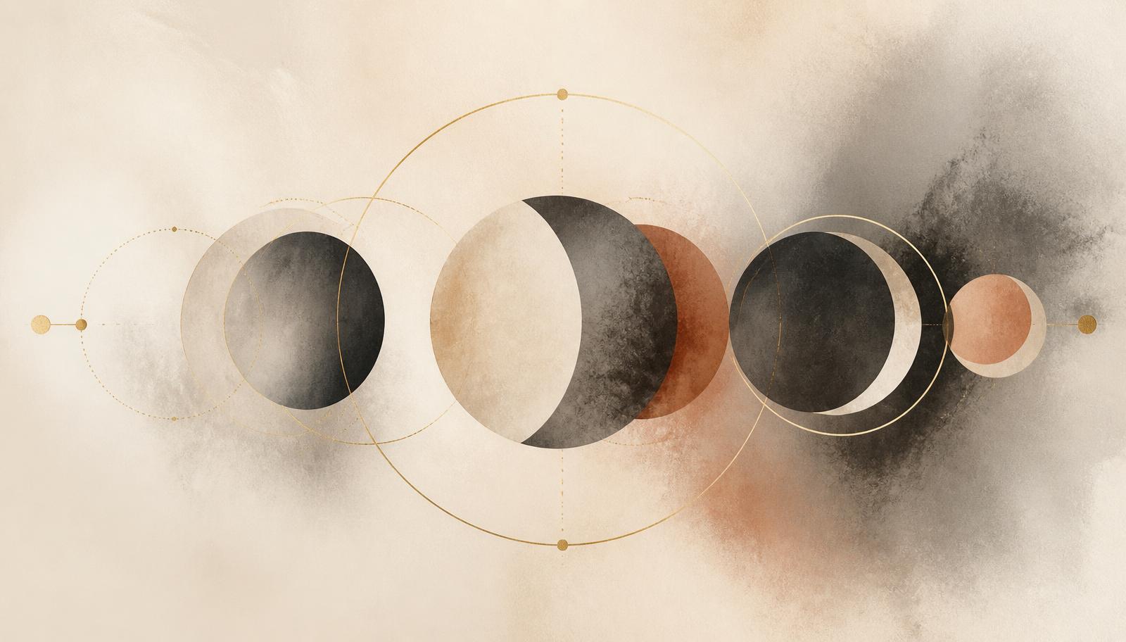 Ilustração editorial abstrata em creme, grafite, terracota e dourado fosco, com círculos e arcos que representam as fases do ciclo menstrual e as variações dos sintomas ao longo do mês.