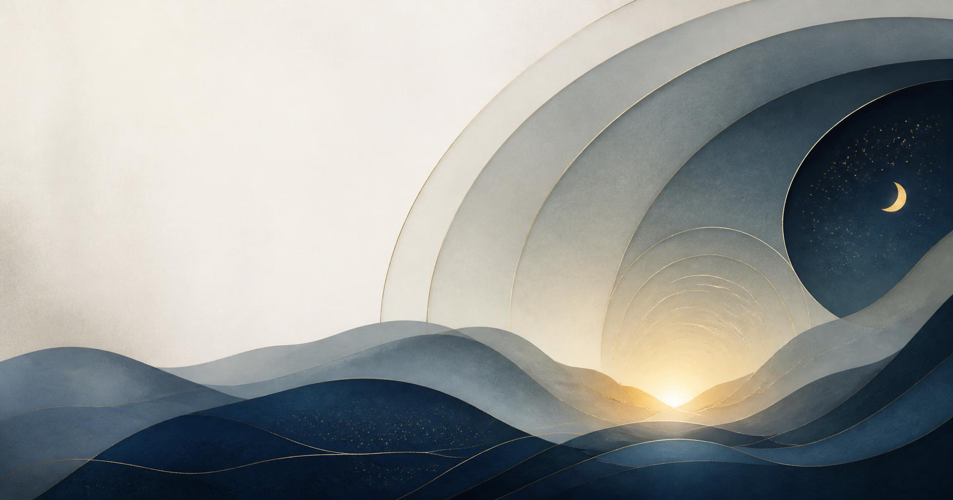 Ilustração editorial abstrata em azul-ardósia, cinza e creme com arcos concêntricos contornados por linhas douradas, lua crescente e ponto de luz dourada ao amanhecer, representando as fases da noite e do sono